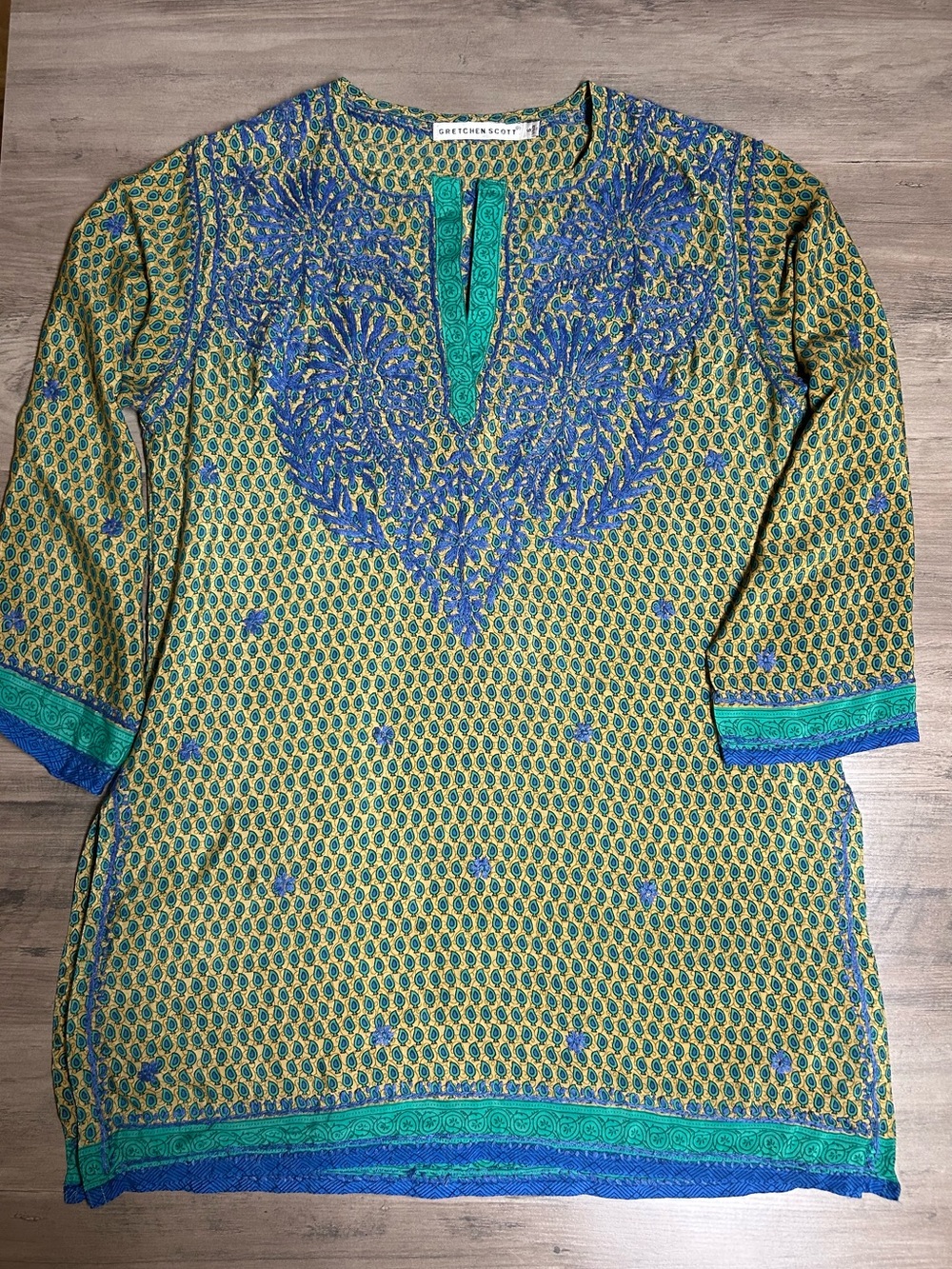 Gretchen Scott Designs Teal Green and Royal Blue Embroidered Tunic